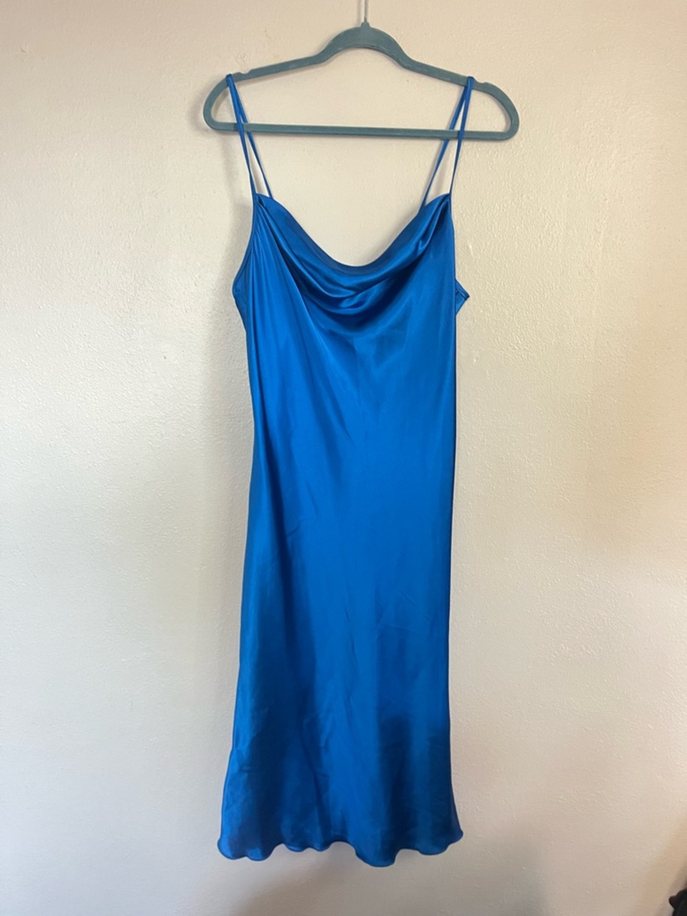 bebe Satin Cowl Slip Dress in Bright Blue